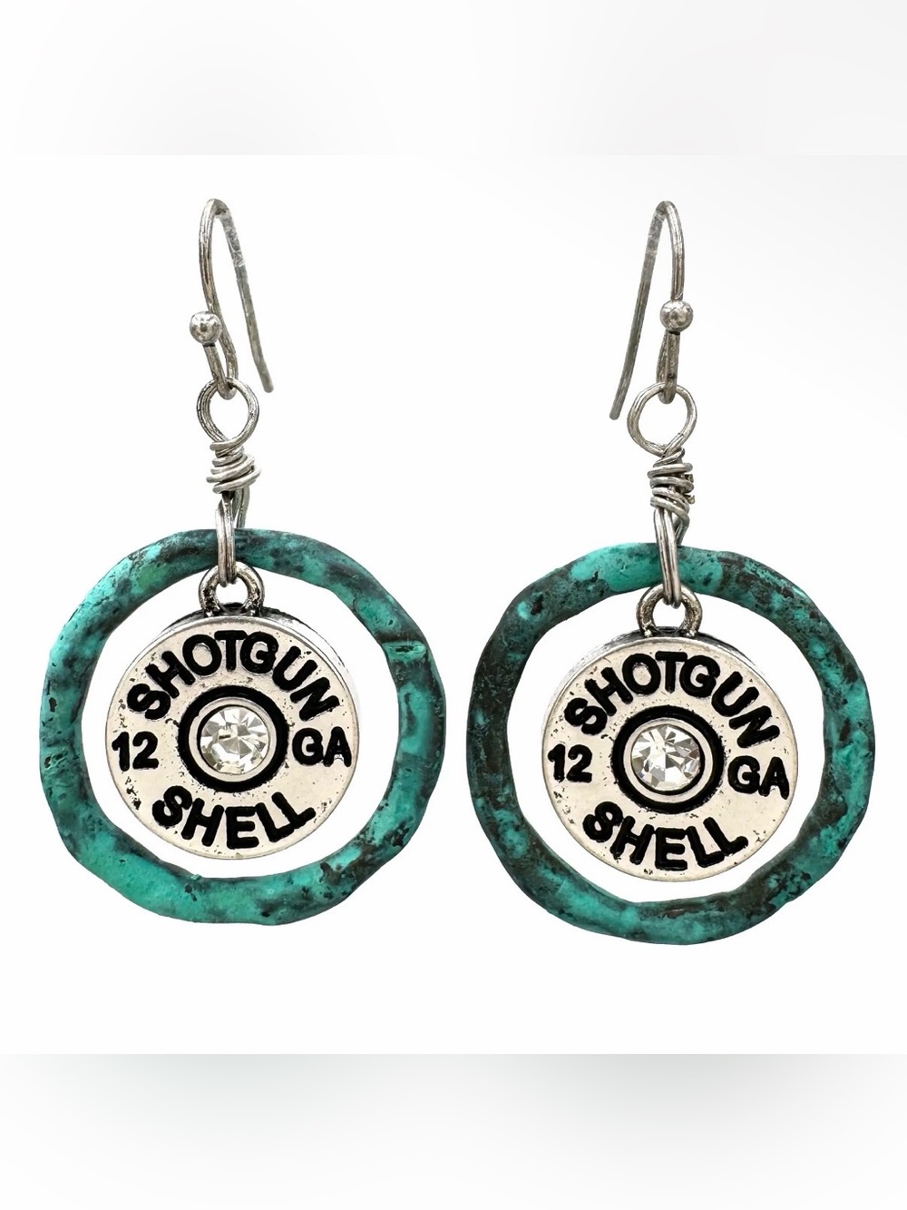 NWT Patina Silver Shotgun Shell Dangle Earrings Rhinestone Accent